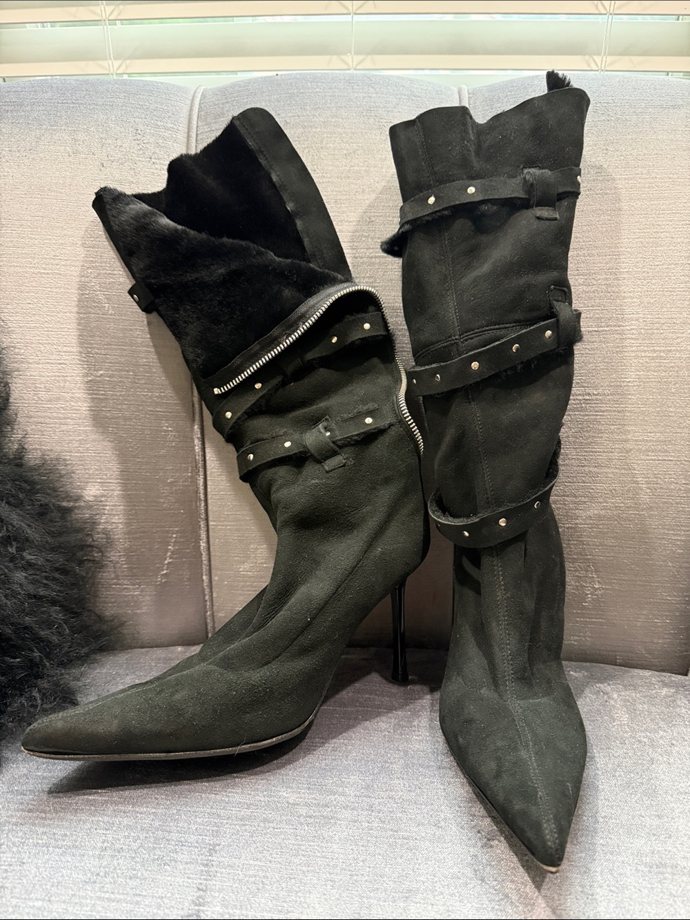 Cesare Paciotti Black Suede tall Pointed Stiletto Boots